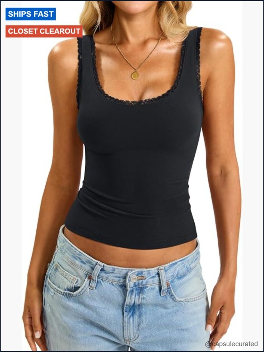 Cotton Lace Trim Tank Top Slim Fit Scoop Neck Cami Going Out Top Summer